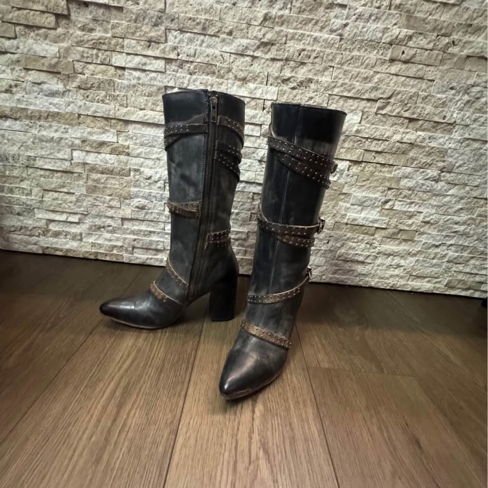 Freebird by Steven Black Studded Pointed-Toe Mid-Calf Heeled Boots